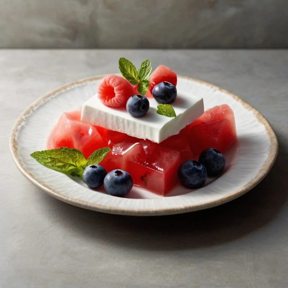 Watermelon jelly cubes topped with a creamy white layer, garnished with fresh raspberries, blueberries, and mint leaves on a white ceramic plate.