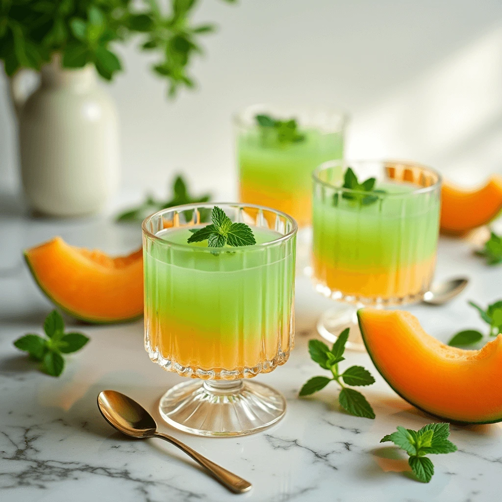 A vibrant bowl of melon jelly with fresh mint leaves and cantaloupe slices on a marble countertop.