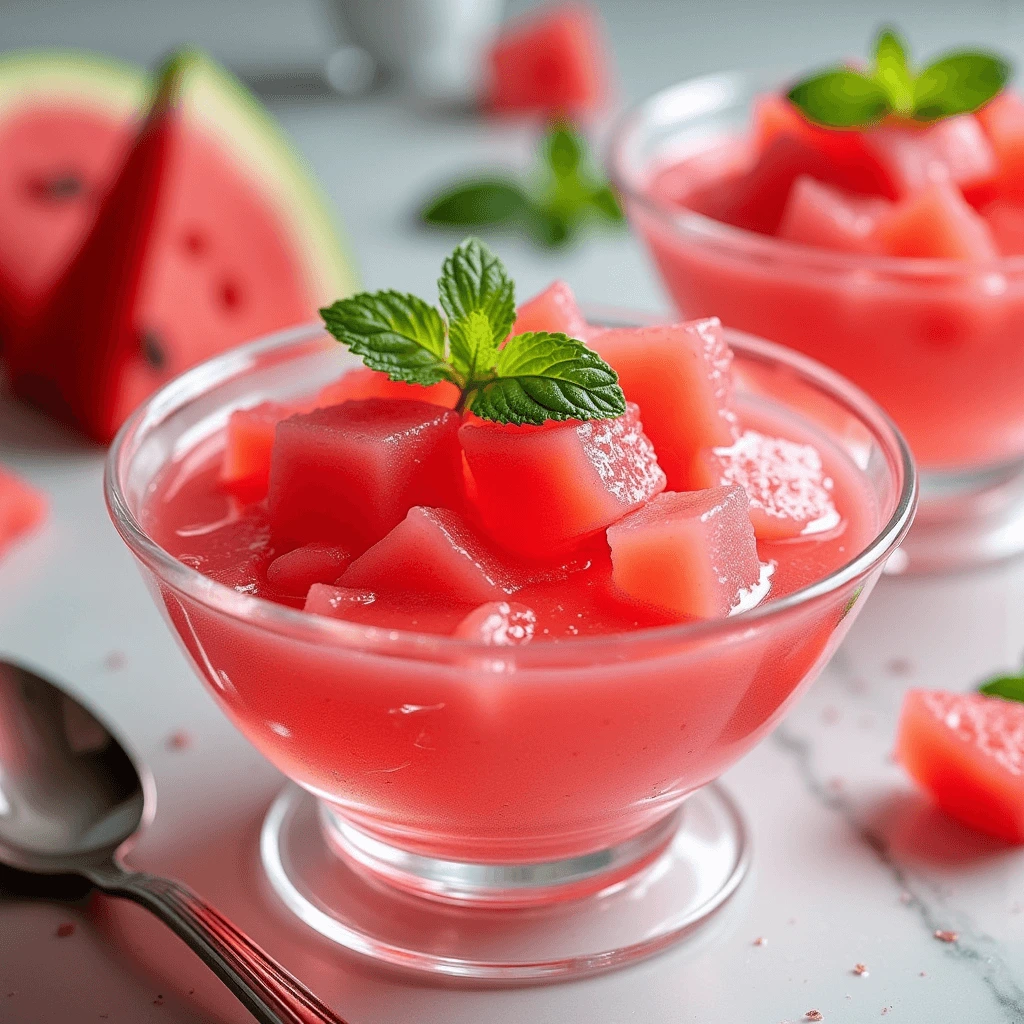 A refreshing bowl of sugar-free watermelon jello garnished with fresh mint leaves, surrounded by slices of watermelon on a summer-themed table.
