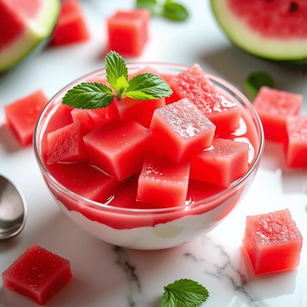 A glass bowl filled with vibrant watermelon jello cubes layered over creamy yogurt, garnished with fresh mint leaves, and surrounded by scattered watermelon cubes on a marble surface.
