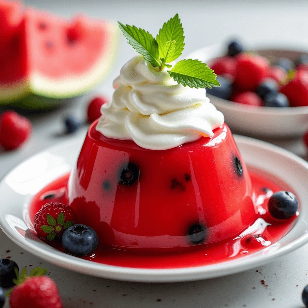 A vibrant watermelon berry jelly dessert topped with whipped cream and a mint leaf, surrounded by fresh berries and watermelon slices.