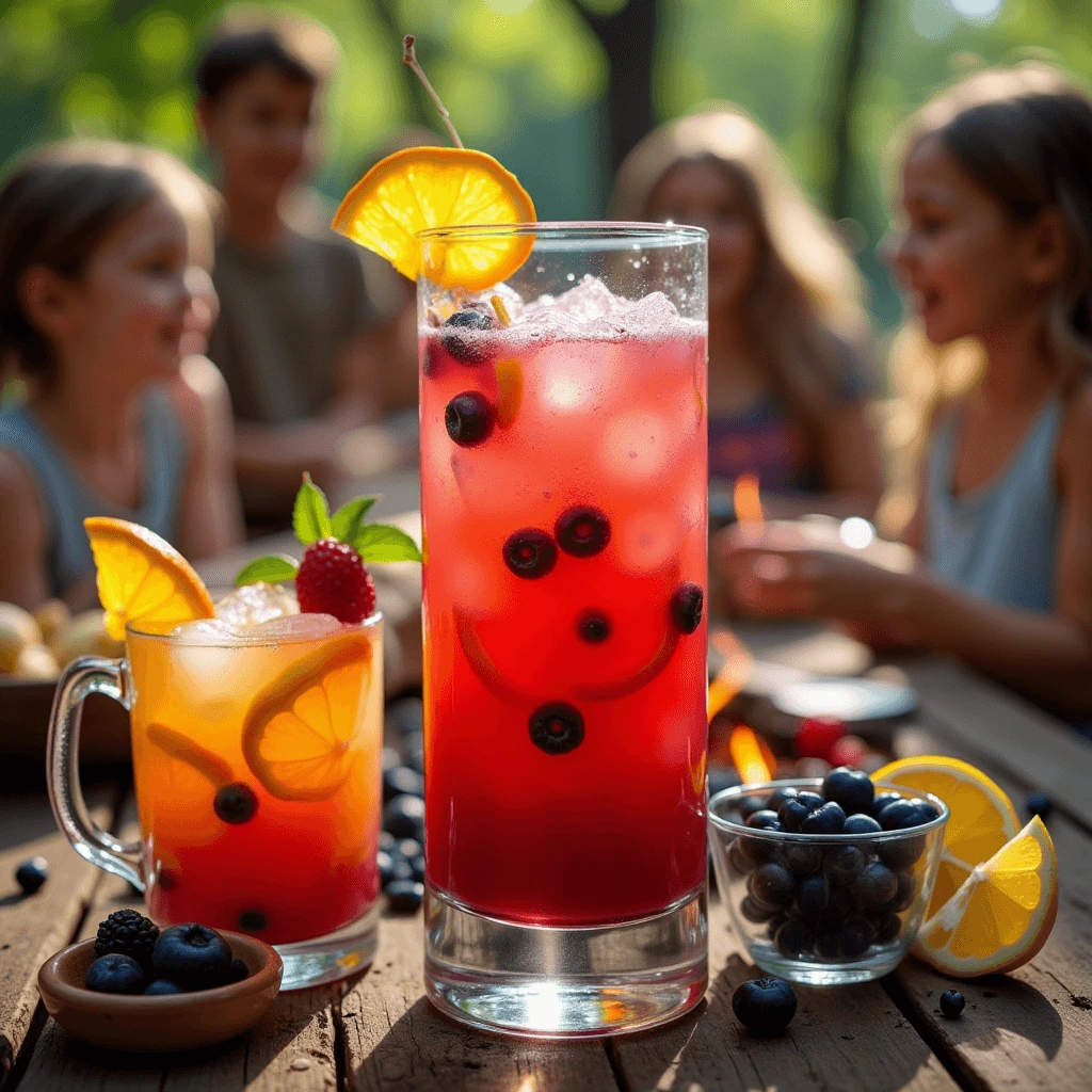 A refreshing bug juice camp drink served in a tall glass, garnished with orange slices, berries, and a sprig of mint, with kids enjoying camp activities in the background.