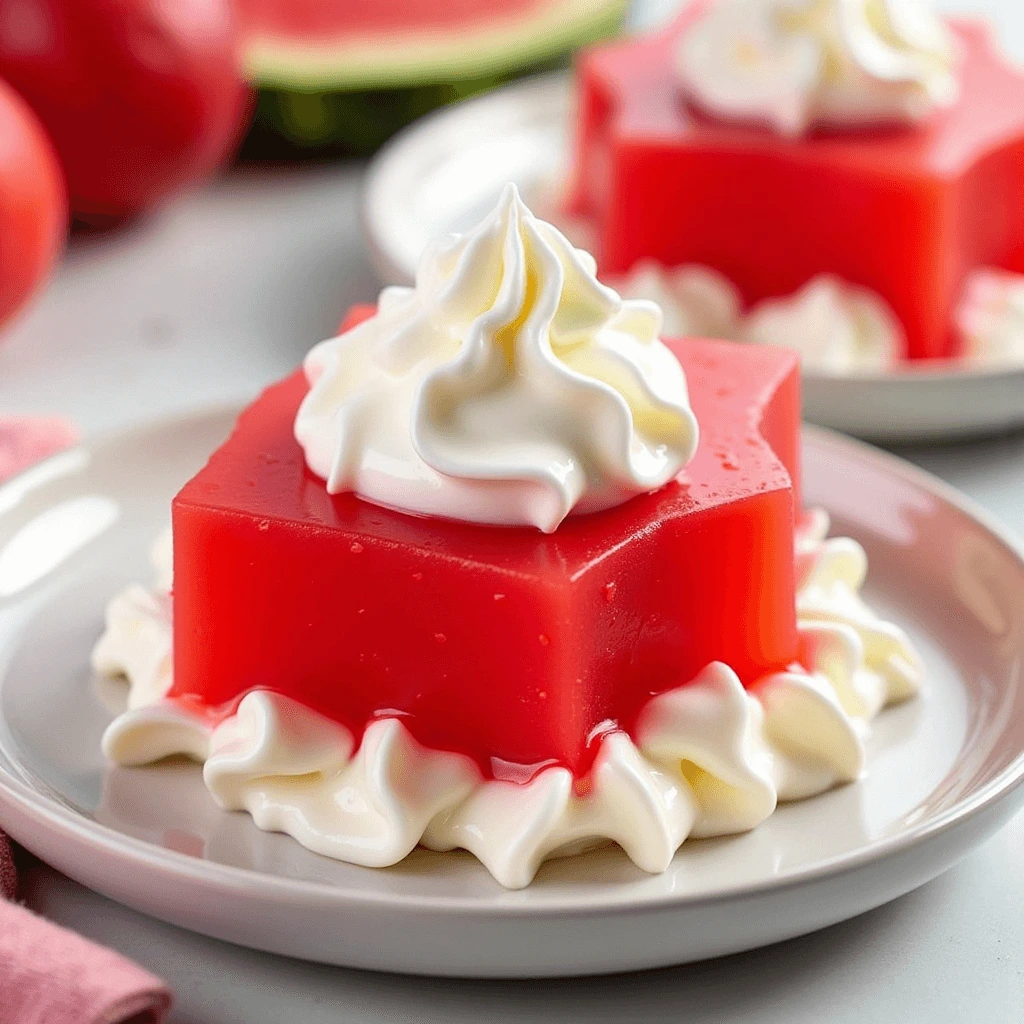 A vibrant cube of watermelon jello topped with a swirl of whipped cream cheese, surrounded by additional cream cheese swirls on a white plate.