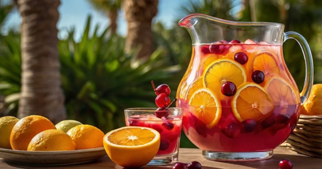 A refreshing pitcher of fruit punch with oranges, cherries, and ice, garnished with a cherry.
