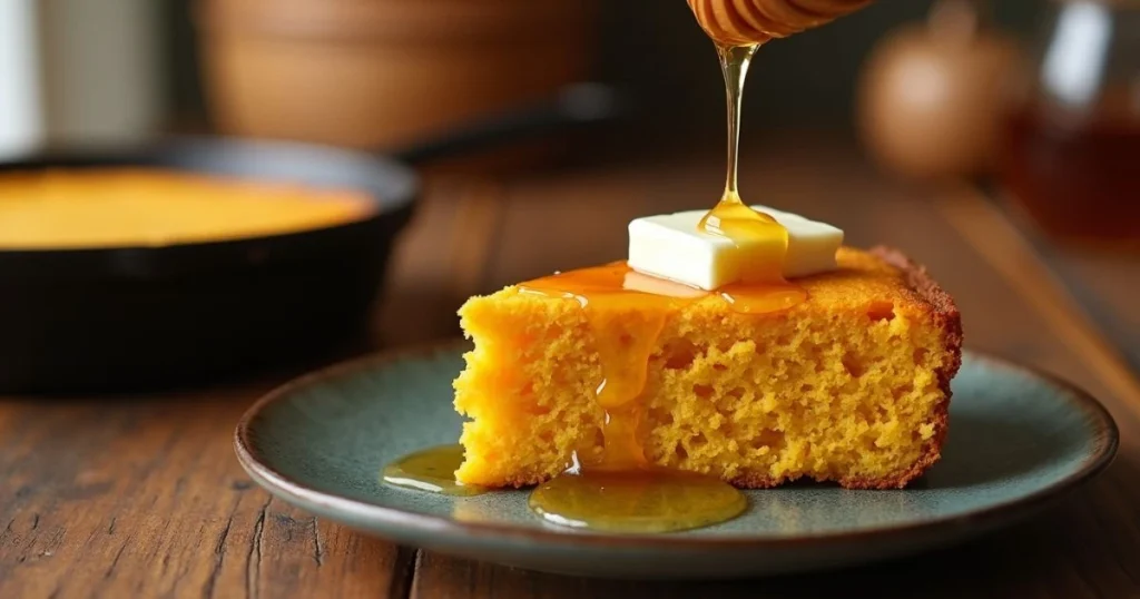 Close-up of a delicious sweet potato cornbread, served on a plate with melted butter and honey being drizzled on top.