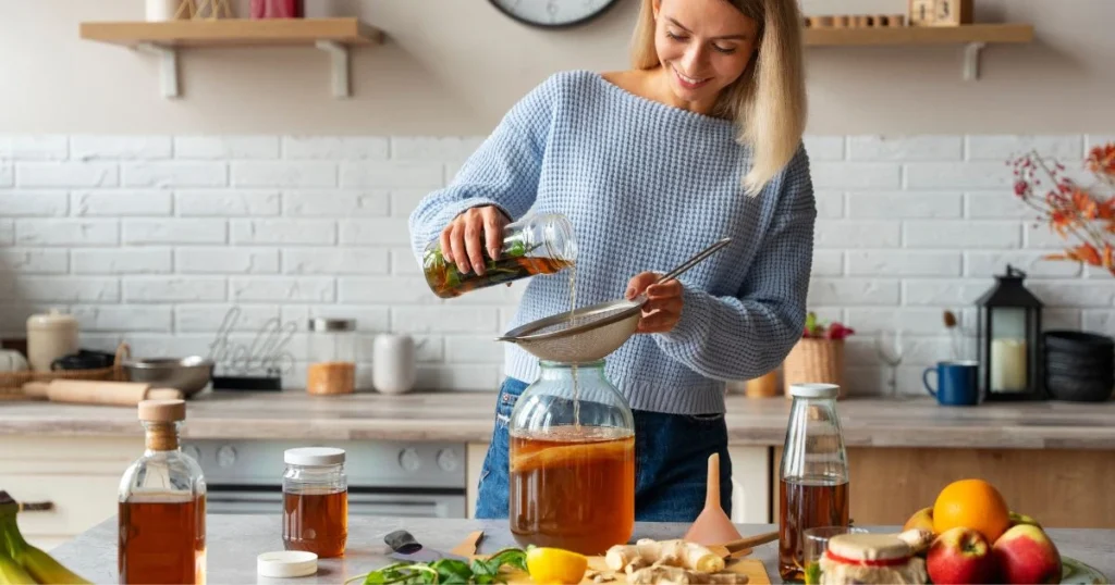 Woman preparing a detox drink in her kitchen by pouring herbal tea through a strainer into a glass jar.