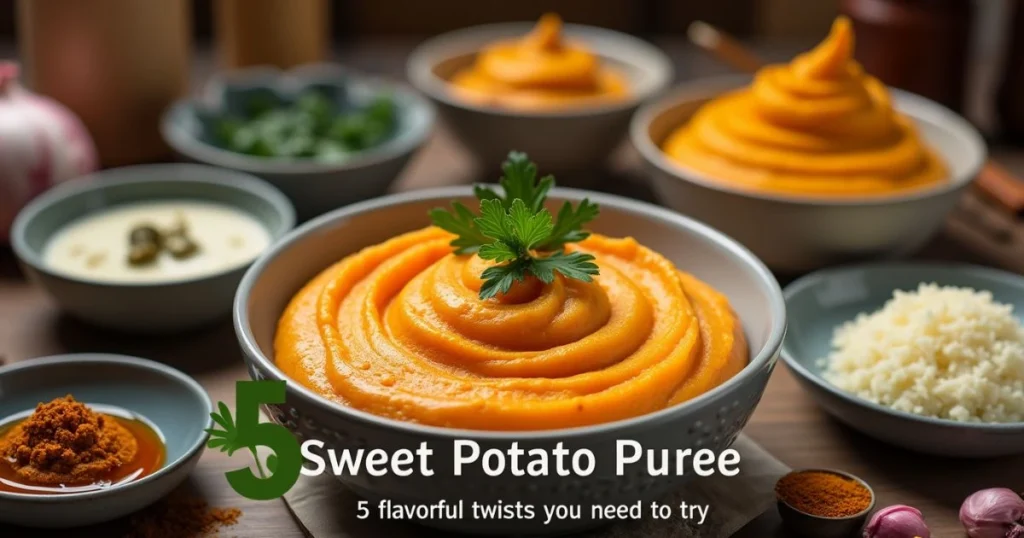 Sweet potato puree elegantly swirled in a bowl, surrounded by small dishes showcasing flavor variations like cinnamon, herbs, and cheese.