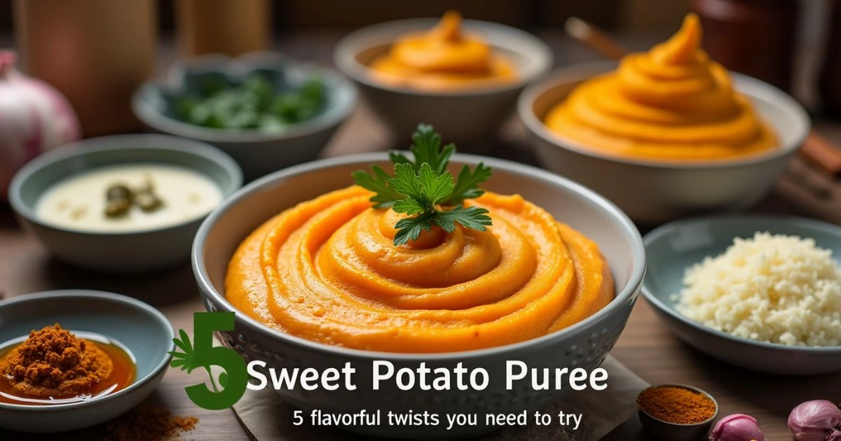 Sweet potato puree elegantly swirled in a bowl, surrounded by small dishes showcasing flavor variations like cinnamon, herbs, and cheese.
