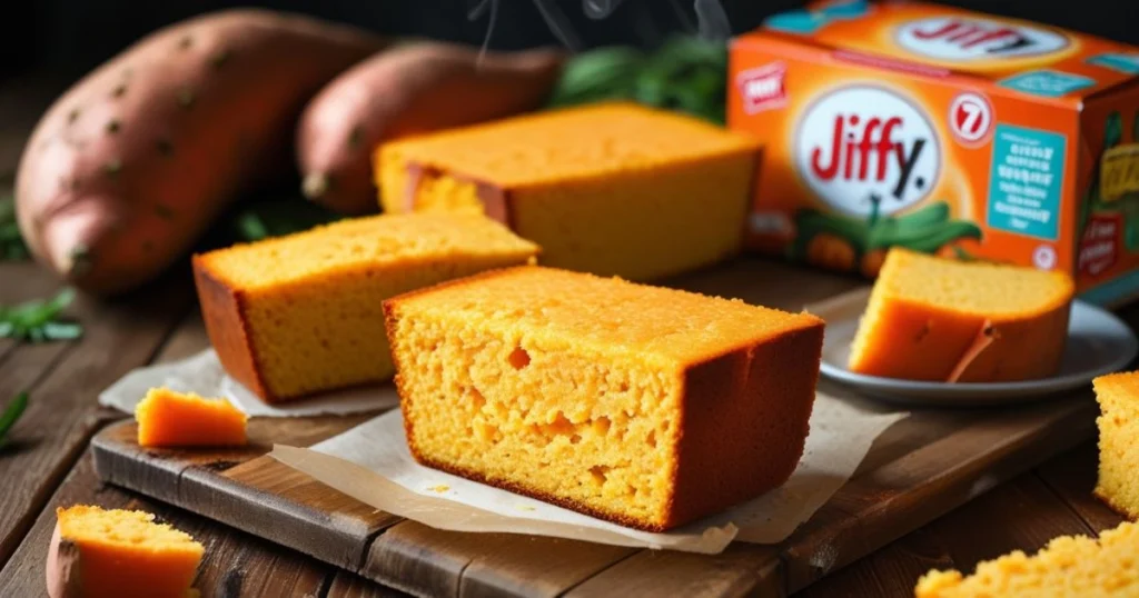 Sweet potato cornbread slices on a rustic table with a Jiffy mix box in the background.