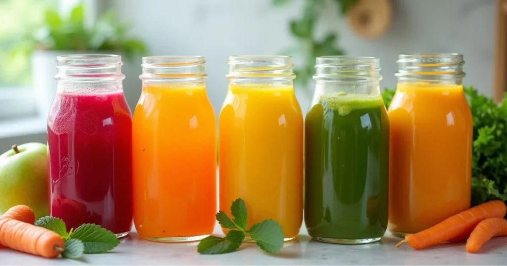 five glass jars filled with vibrant fruit and vegetable juices, ranging from deep red to bright green, lined up on a kitchen countertop.