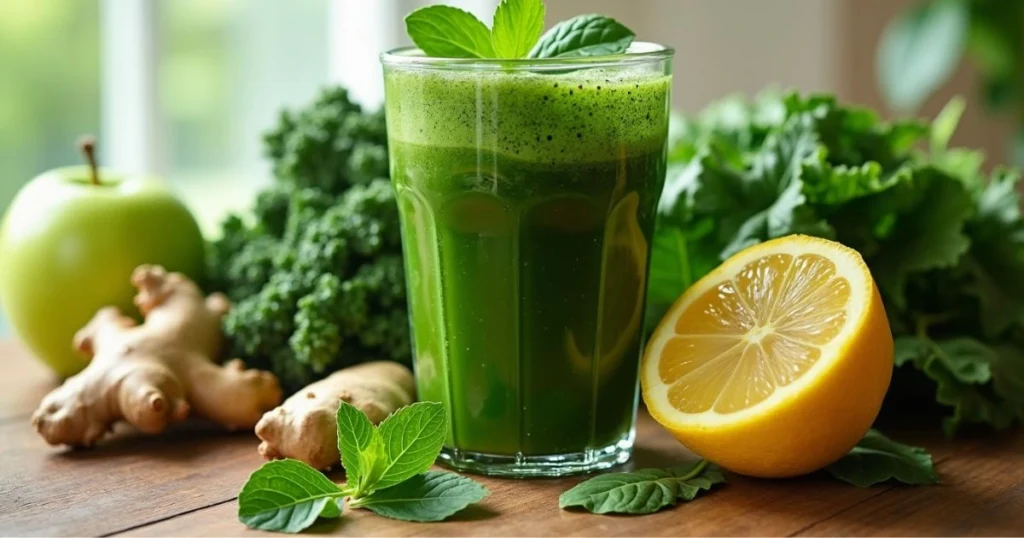 Liver Detox Recipes for Weight Loss: Green juice with kale, apple, ginger, and lemon for cleansing.