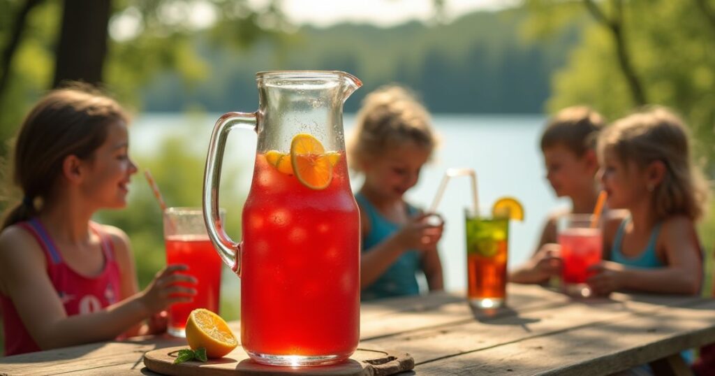 A pitcher of red bug juice with lemon slices on a wooden picnic table, surrounded by kids drinking outdoors near a lake.
