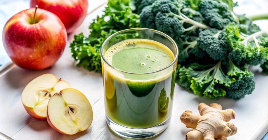 Green detox juice in a glass surrounded by fresh apples, kale, and ginger.