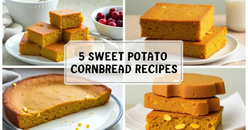 A collage of four images showcasing different variations of sweet potato cornbread.