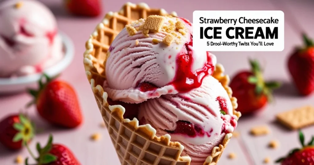 A close-up of a waffle cone with two scoops of strawberry cheesecake ice cream, topped with strawberry sauce and crushed graham crackers.