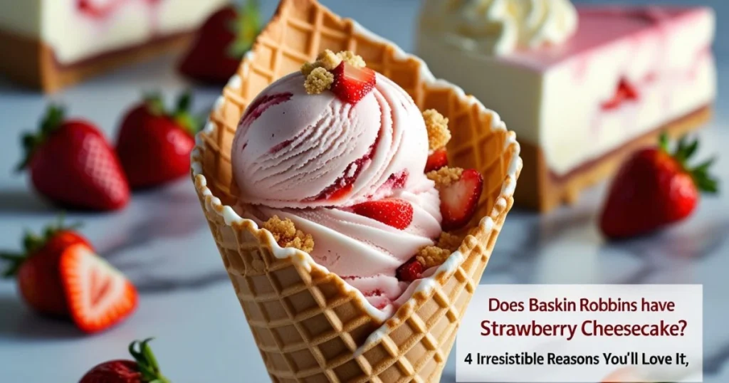 A scoop of strawberry cheesecake ice cream in a waffle cone, adorned with fresh strawberry slices and crumbles, placed on a marble surface with cheesecake and strawberries in the background.