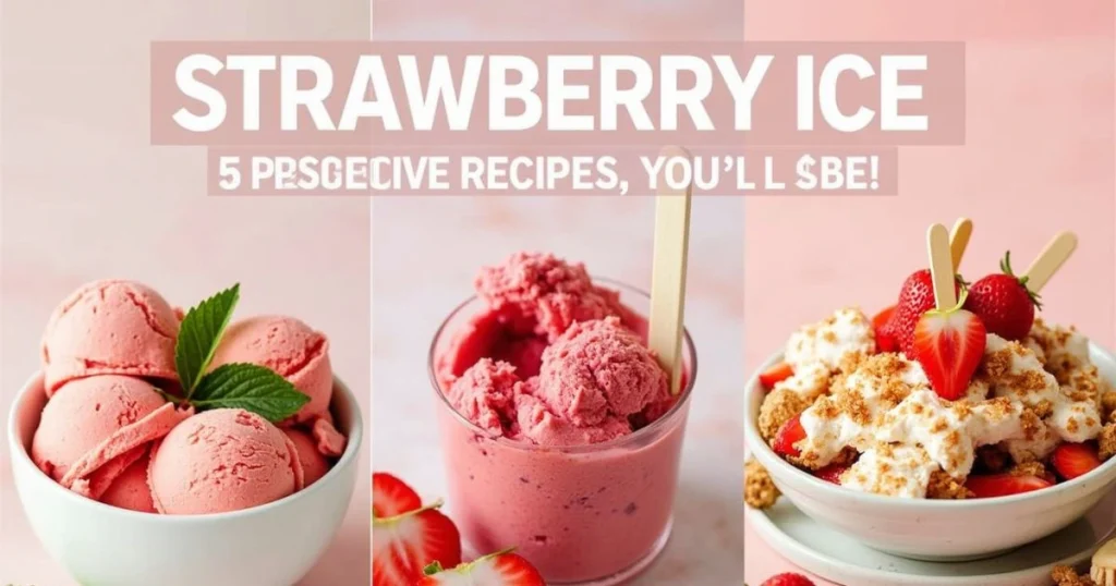A collage of three images showcasing different variations of strawberry ice cream, including scoops in a bowl, a glass of strawberry sorbet, and a bowl with whipped cream and strawberries.