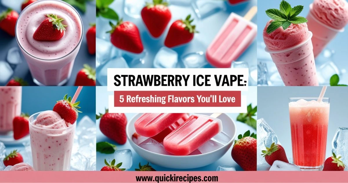 A collage of images showcasing various refreshing strawberry ice vape flavors, including strawberry milkshake, strawberry popsicle, and strawberry ice cream.