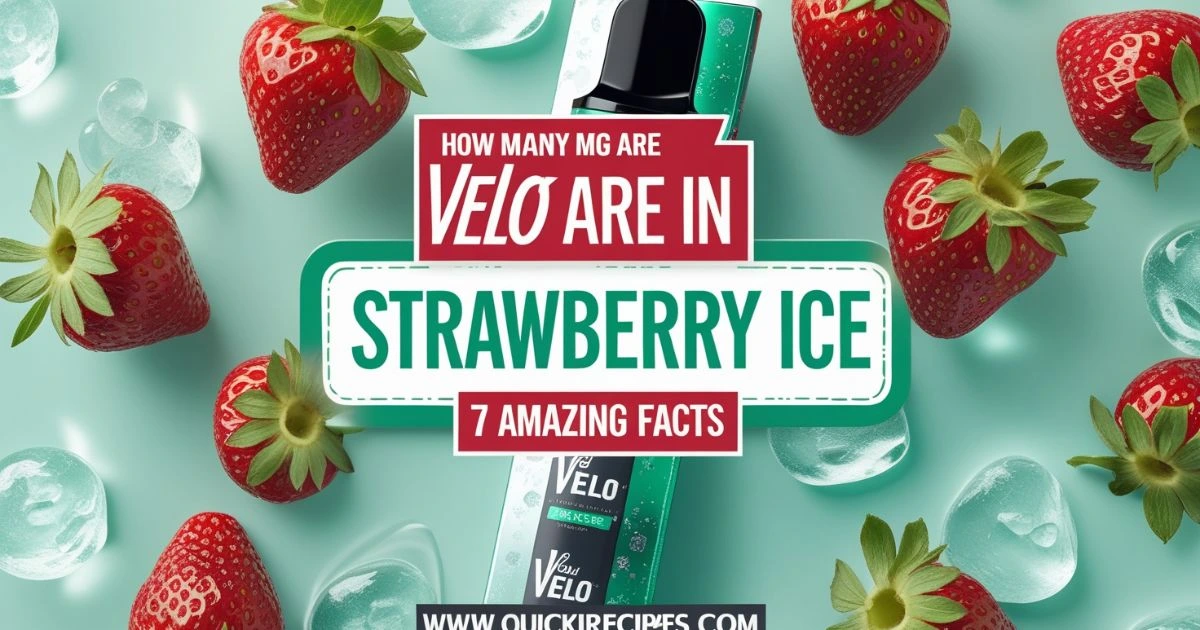A close-up image of a Velo Strawberry Ice nicotine pouch with fresh strawberries and ice cubes on a blue background.