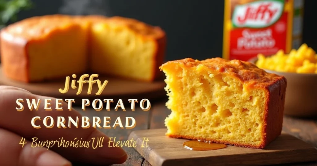 Close-up of a slice of Jiffy Sweet Potato Cornbread on a wooden board, with the full cornbread and a box of Jiffy mix in the background.