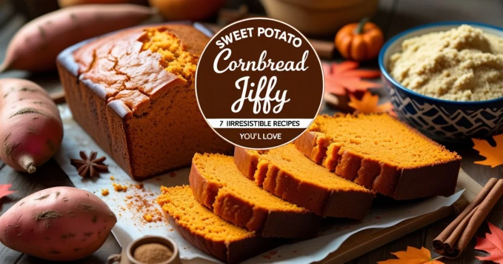 Sliced sweet potato cornbread loaf on parchment paper, surrounded by ingredients and autumn decorations.