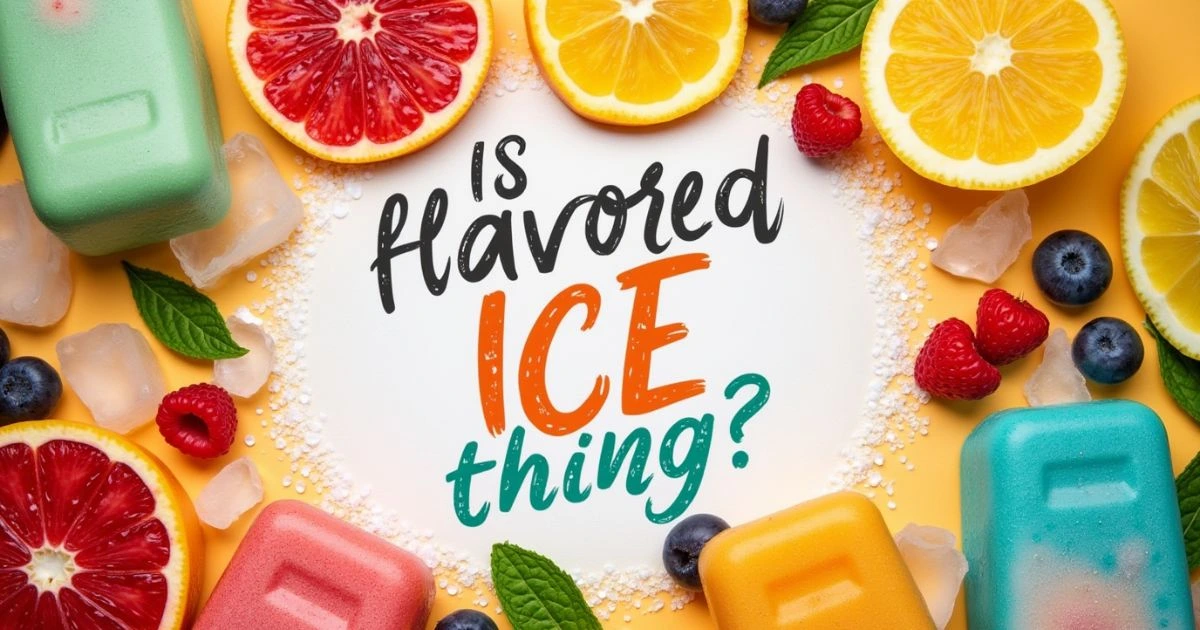 Flat lay of colorful fruit-infused ice cubes, citrus slices, berries, and the text "Is flavored ice a thing?" suggesting creative and refreshing ways to enhance beverages.