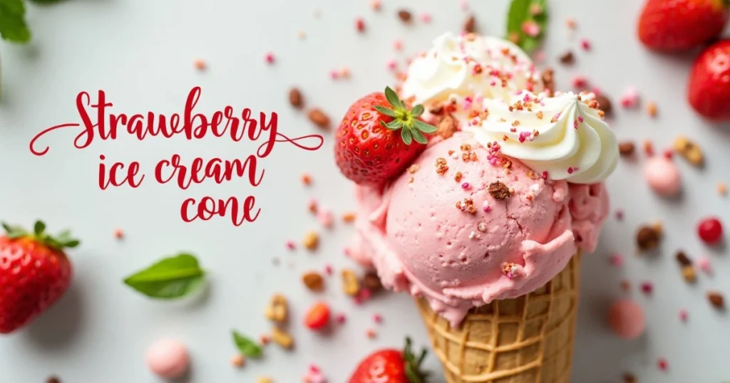 Close-up of a strawberry ice cream cone topped with whipped cream and garnished with fresh strawberries and sprinkles.