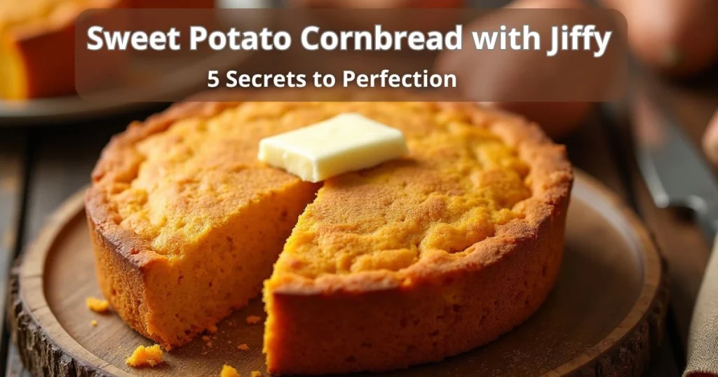 A golden-brown loaf of sweet potato cornbread with a slice cut out and a pat of butter on top, with the text "Sweet Potato Cornbread with Jiffy: 5 Secrets to Perfection" displayed above.