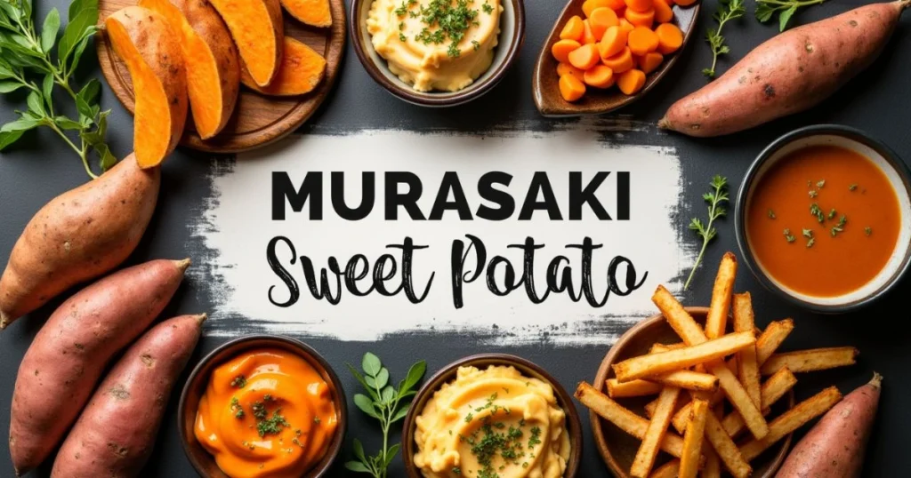 Murasaki sweet potatoes and different cooked forms, including roasted wedges, fries, mash, and soup, arranged around a central title banner.