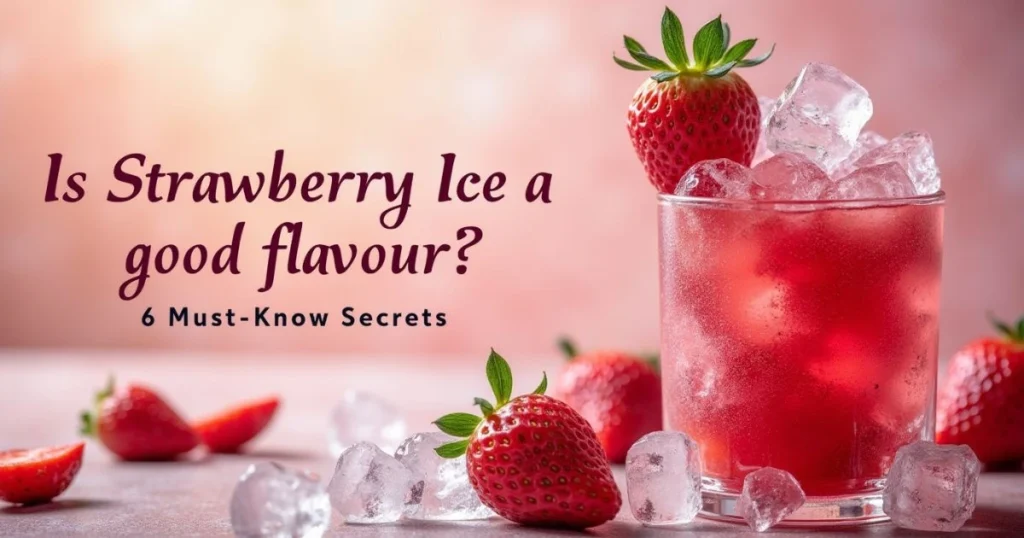 Glass of strawberry ice with whole strawberries and scattered ice cubes, posing the question "Is strawberry ice a good flavour?" and hinting at six secrets about this refreshing treat.