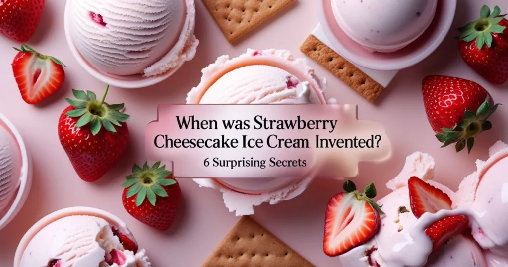A close-up of strawberry cheesecake ice cream scoops with fresh strawberries and graham crackers, highlighting its creamy texture.