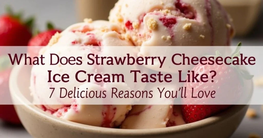 A close-up view of strawberry cheesecake ice cream with swirls of fresh strawberries and graham cracker crumbles.