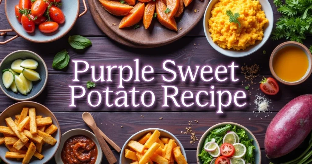 Elegant collage of purple sweet potato dishes on a rustic table with centered title overlay.