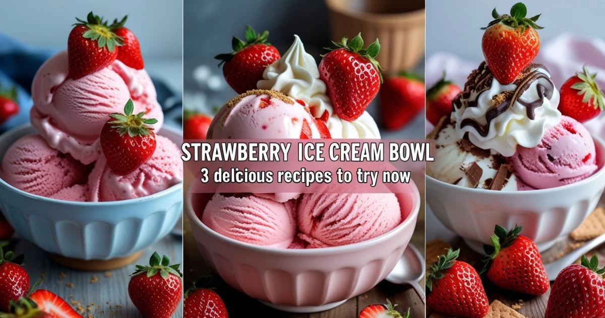 A collage of three images showcasing different variations of strawberry ice cream bowls, each with unique toppings and presentations.