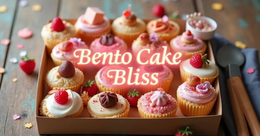 A vibrant bento box arrangement of mini cakes with the title “Bento Cake Bliss: How to Make Mini Cakes Look Perfect” displayed in the center.