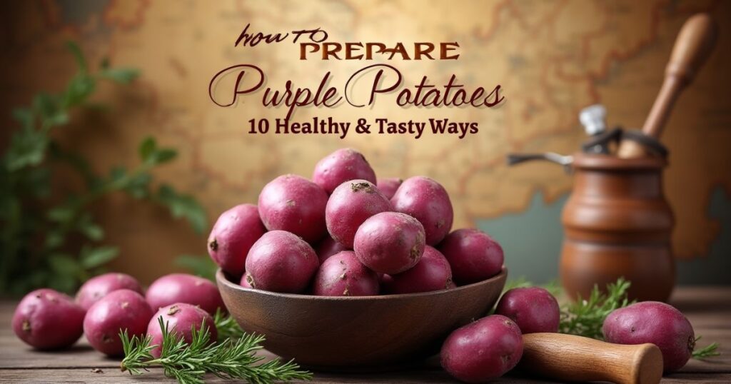 A rustic Texan scene with a vintage map, a bowl of vibrant purple potatoes, and the title "How to Prepare Purple Potatoes: 10 Healthy & Tasty Ways" displayed centrally.