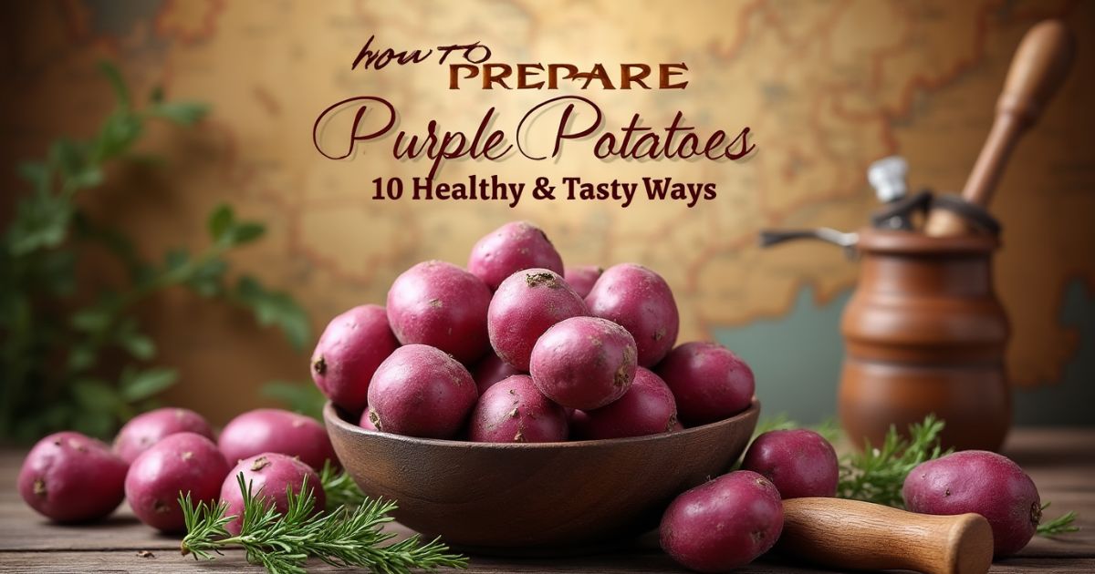 A rustic Texan scene with a vintage map, a bowl of vibrant purple potatoes, and the title "How to Prepare Purple Potatoes: 10 Healthy & Tasty Ways" displayed centrally.
