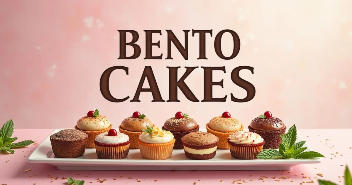 A festive hero image showcasing nine beautifully arranged mini cakes in a bento tray with the title displayed in the center.