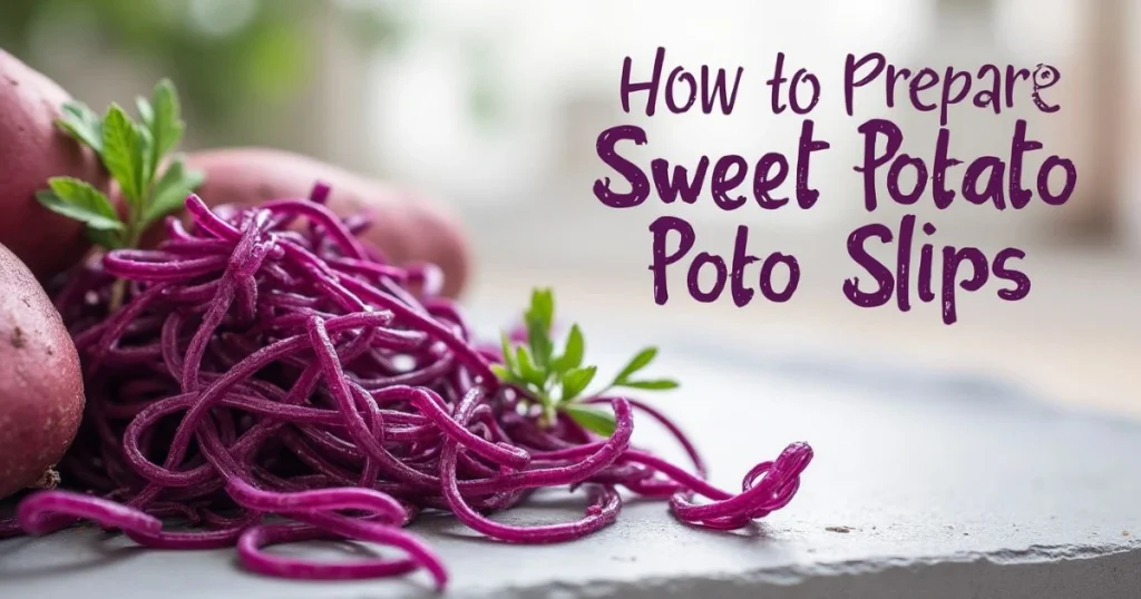 Beautifully plated purple sweet potato slips in a modern kitchen with the recipe title centered.